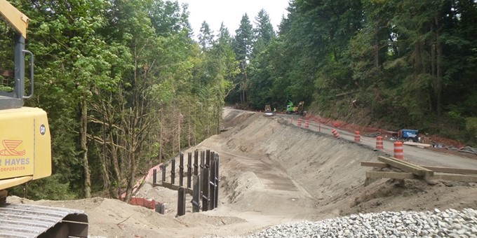 A new retaining wall being built along 212th Way Southeast as part of the 212th Way (Snake Hill) Road Slide Repair Work. 