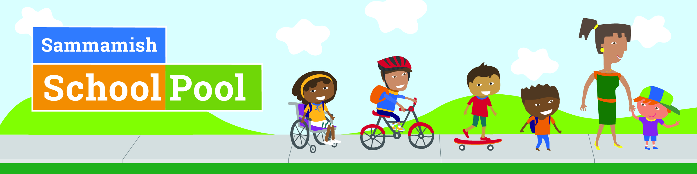 Children getting to school via walking, skateboarding, bicycling, and wheelchair.