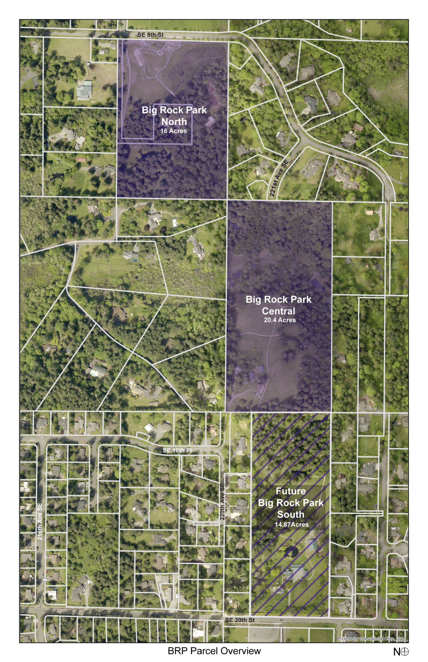 Aerial map showing three outlined park areas labeled Big Rock Park North, Central, and Future South; each with acreage noted, surrounded by residential streets and greenery. North is at the top, Central in the middle, South at the bottom.