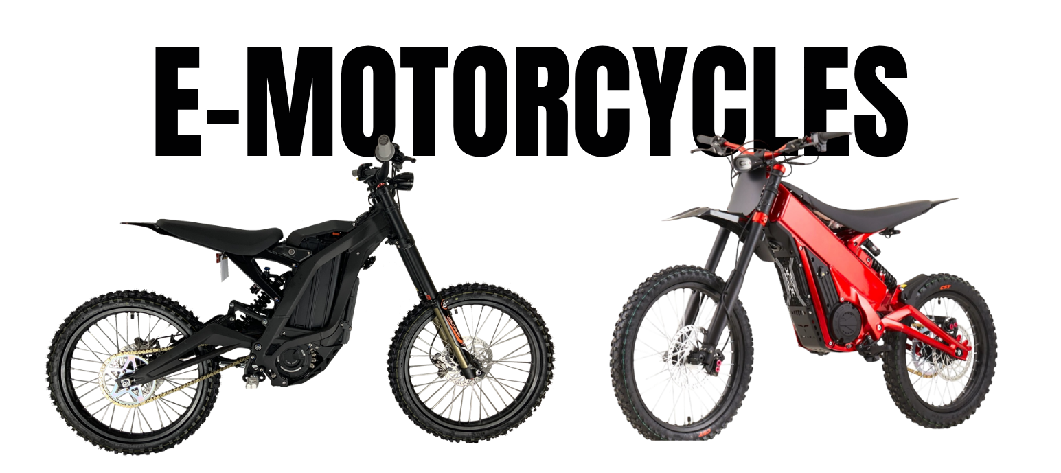 Two electric motorcycles, one black and one red, are displayed side by side with the large bold text E-MOTORCYCLES above them on a white background.