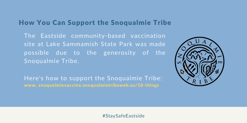 How you can support the Snoqualmie Tribe. The Eastside community-based vaccination site at Lake Sammamish State Park was made possible due to the generosity of the Snoqualmie Tribe. Here's how to support the Snoqualmie Tribe: www.snoqualmievaccine.snoqualmietribeweb.us/10-things 