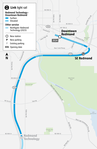 map of LINK light rail in Redmond, showing surface and elevated sections of track