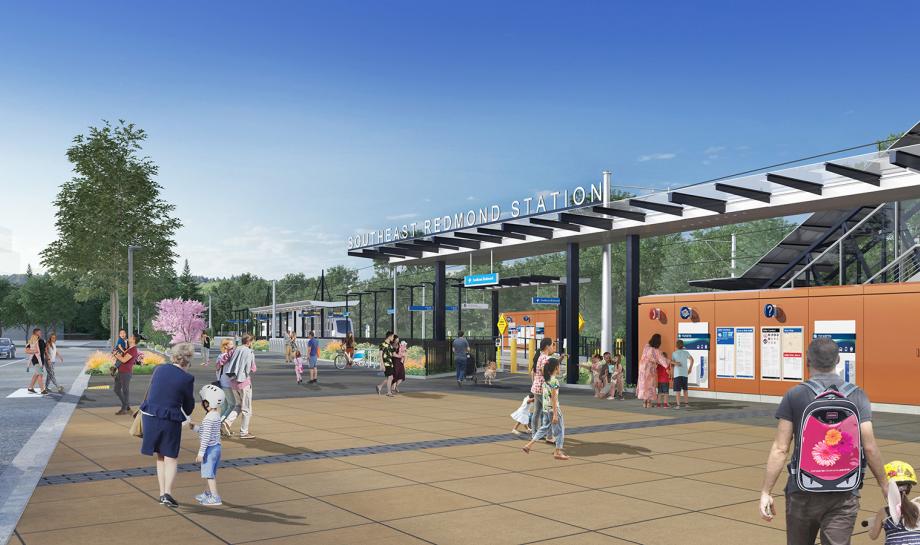 rendering of wide walkway at entrance to Southeast Redmond light rail station