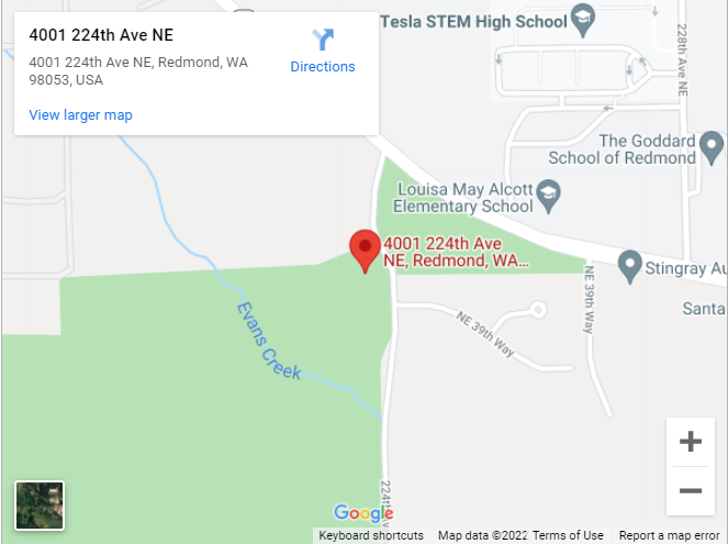 Google Map aerial view showing location of Evans Creek Park at 4001 224th Avenue Northeast, Redmond, Washington 98053.
