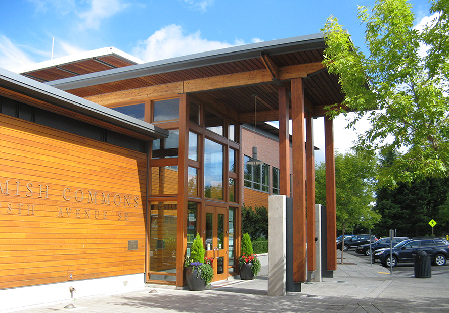 Front entrance of Sammamish Commons building with address on it: 801 228th Avenue SE