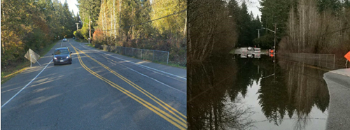 two photos: first shows oncoming view of traffic with a segment of road with an island of double yellow; second shows flooding on the road