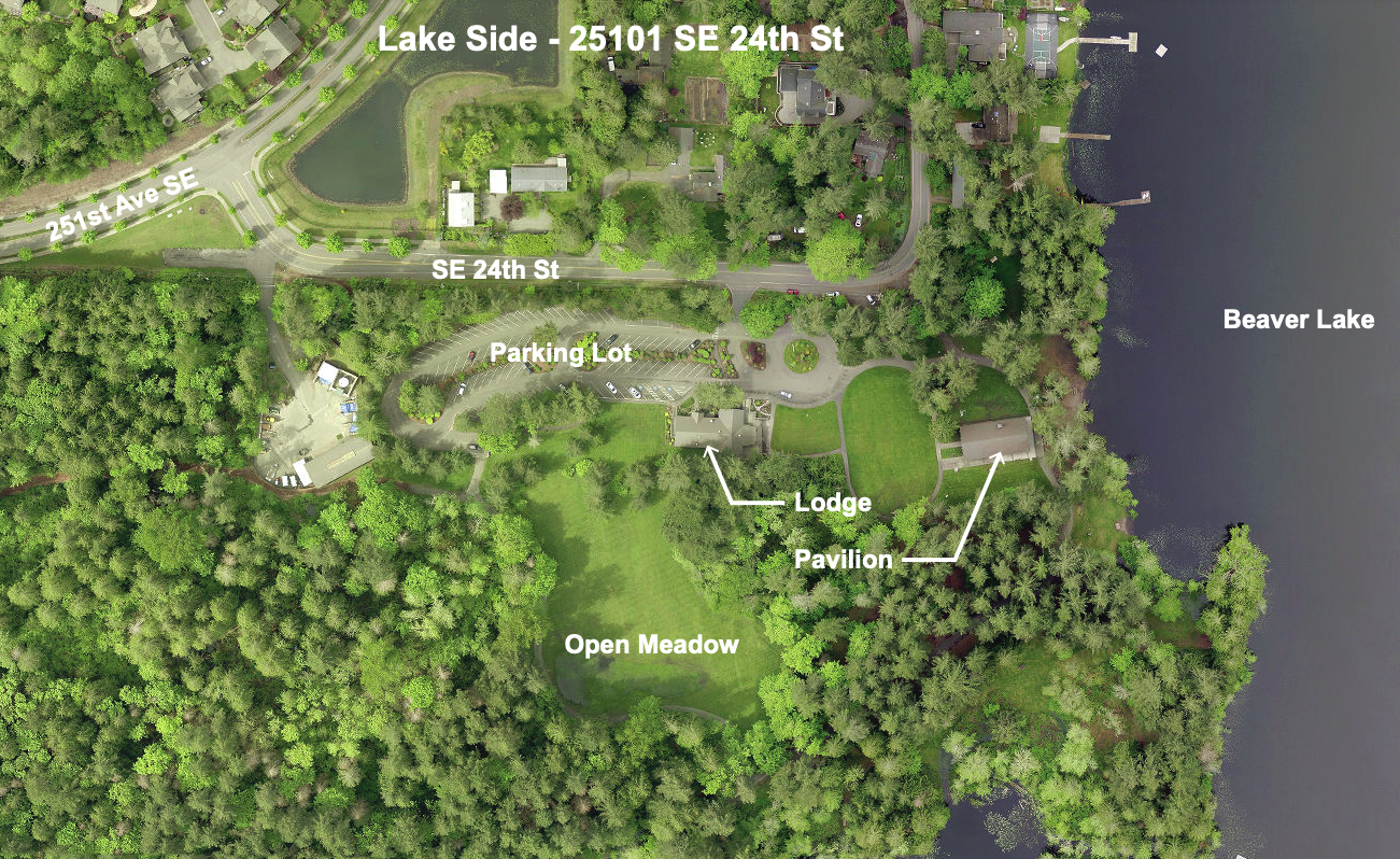 Map of Beaver Lake Park, labeled with locations of meadow, lodge, pavillion and parking lot