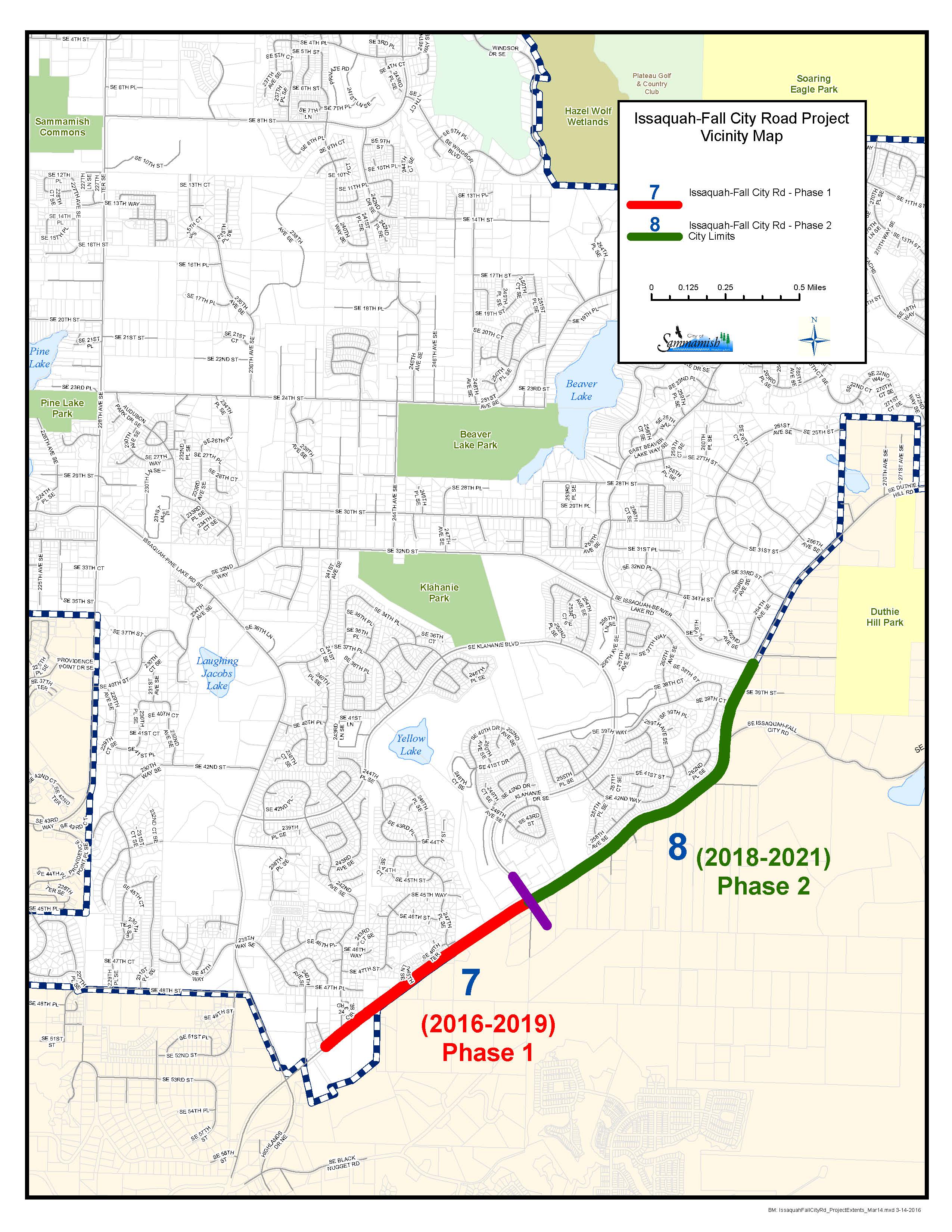 map indicating two phases of the Issquah Fall City Road project