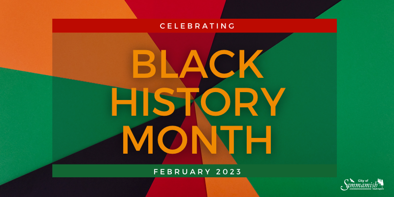 Colorful black, green, red, and orange banner that reads: celebrating Black history month, February 2023