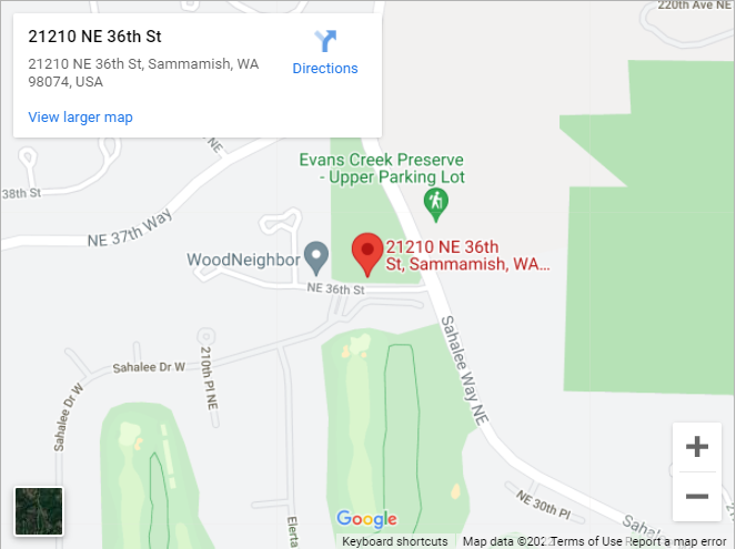 Google Map aerial view showing location of Northeast Sammamish Park at 21210 Northeast 36th Street, Sammamish, Washington 98074.