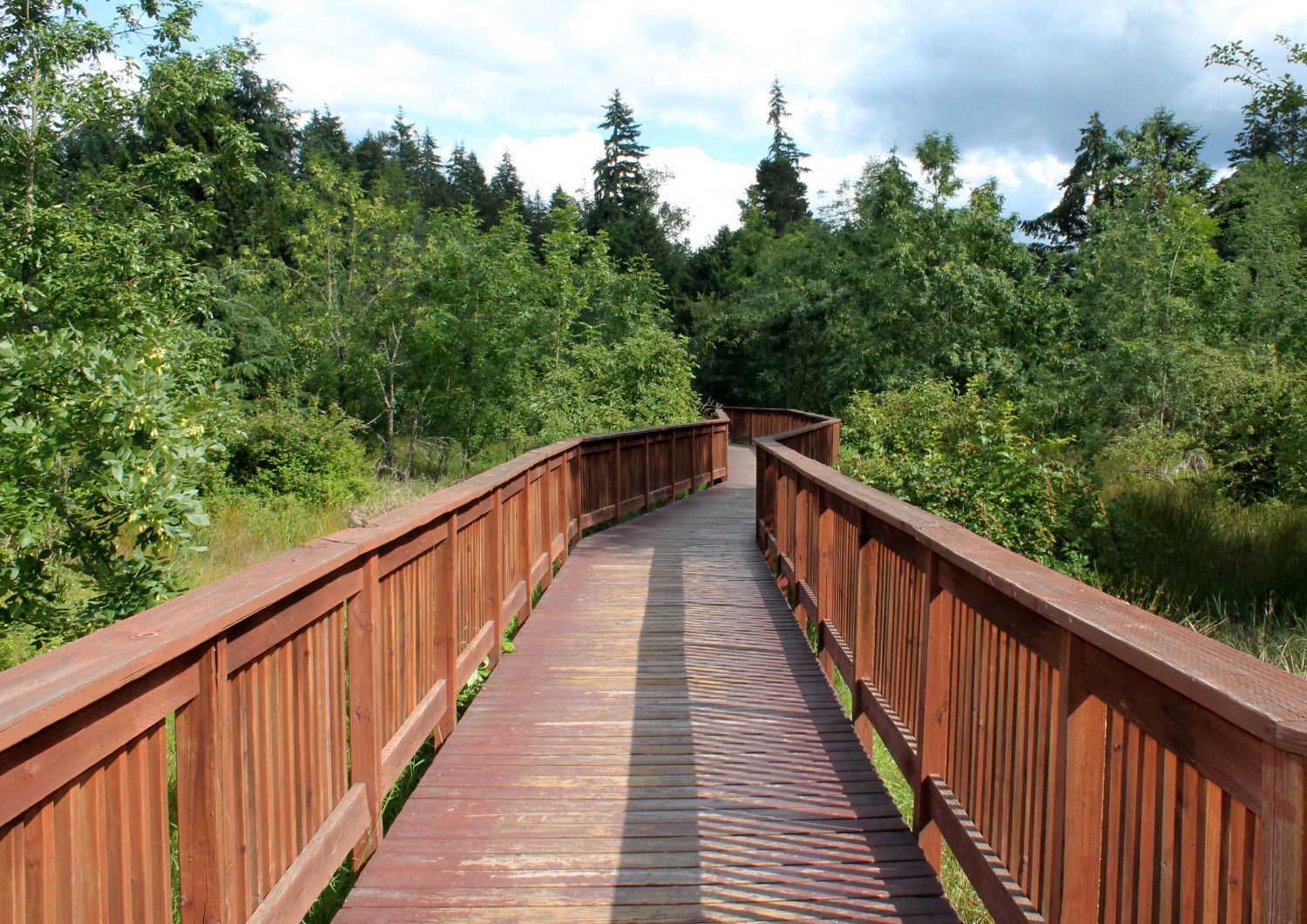 ebright creek park wooden boardwalk through natural area