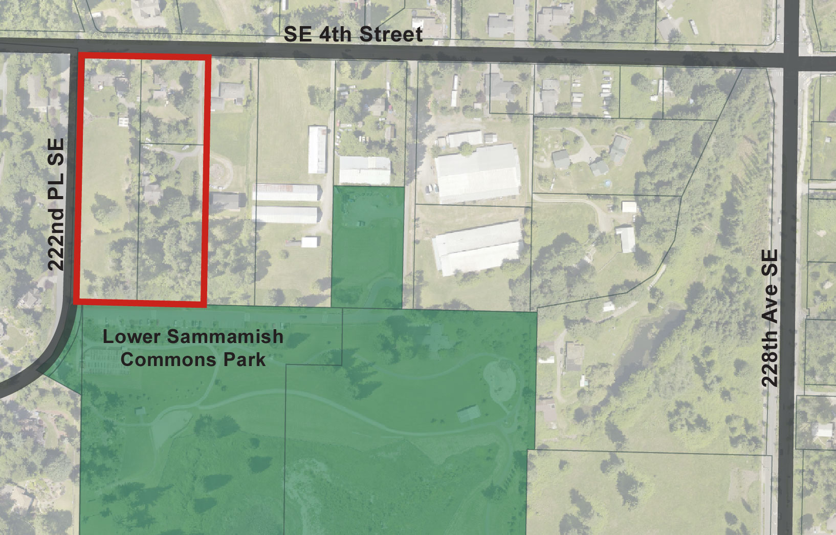 parcel map showing location of Brownstone West project over three parcels adjacent to Lower Sammamish Commons Park
