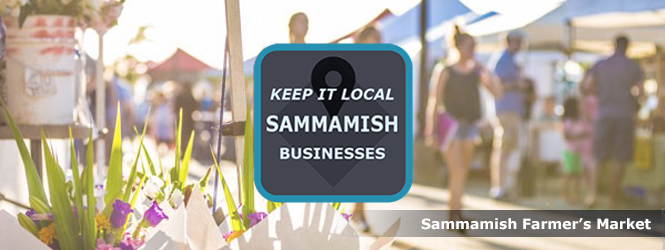 People checking out vendors' wares at the Sammamish Farmers Market. The words say "Keep it local. Sammamish Businesses. Sammamish Farmer's Market."