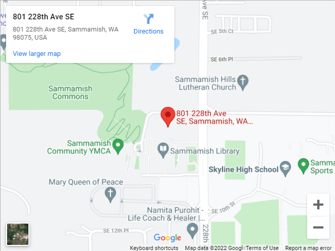 Google Map aerial view showing location of Sammamish Commons at 801 228th Avenue Southeast, Sammamish, Washington 98075.
