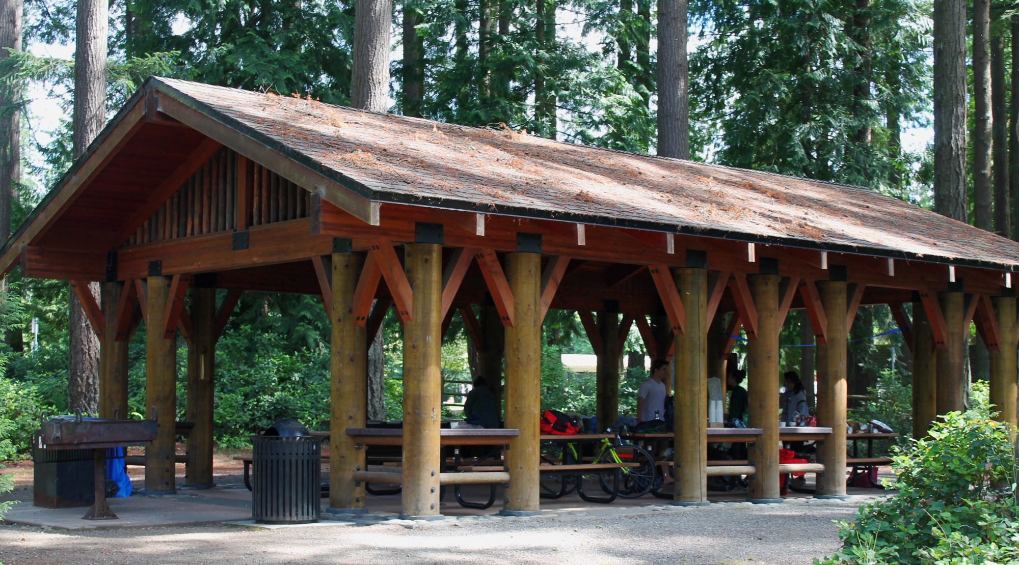 A small group gathers under the roof of a wooden picnic shelter with several picnic tables. A garbage can and barbeque grill stand next to it and it is surrounded by trees. 