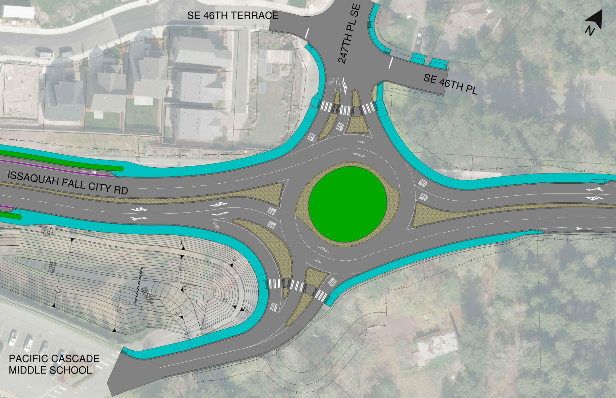 plan for Issaquah Fall City Road roundabout at 247th near Pacific Cascade Middle School